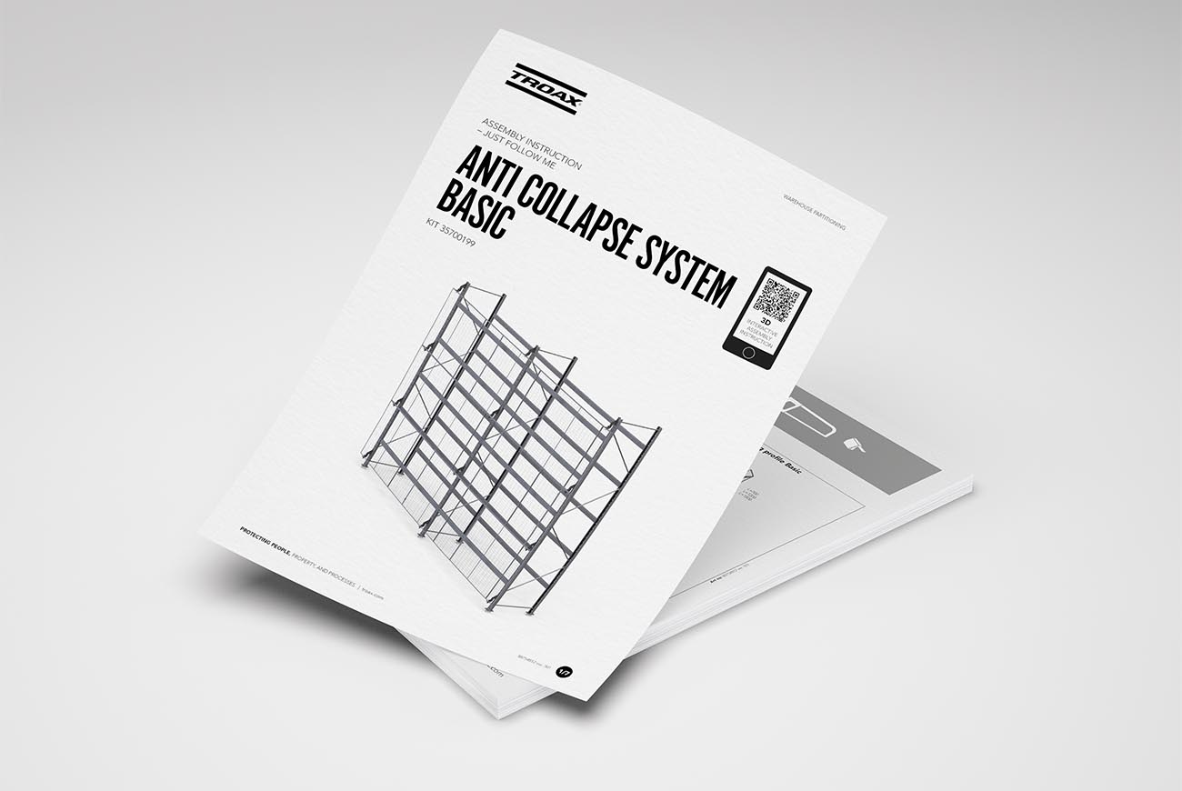 Troax Anti Collapse System Basic assembly instruction manual, showcasing a detailed schematic of the safety product with a QR code for a interactive assembly instruction.